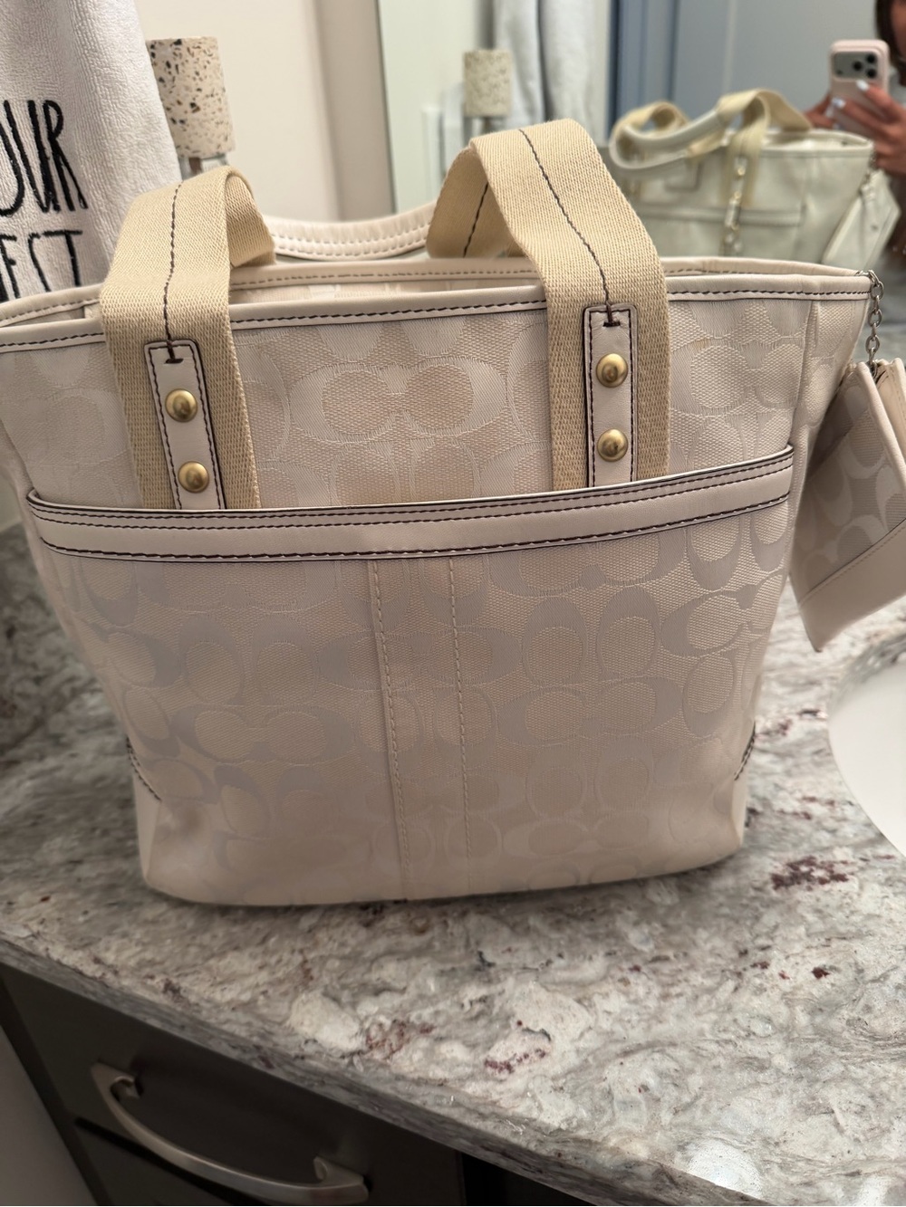 COACH Cream and Beige Signature Canvas Tote with Leather Charm - Picture 2 of 16